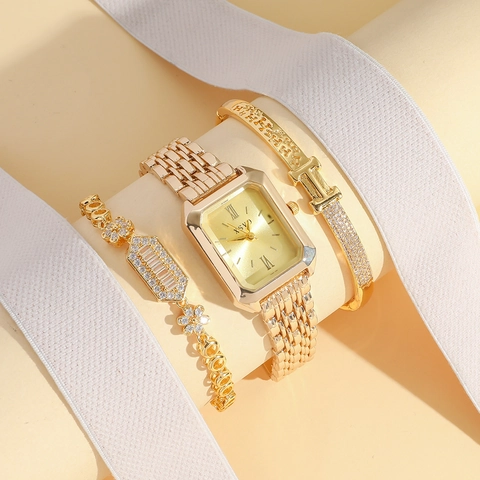 Orologio Al Quarzo Da Donna Alla Moda E Bracciale Con Fiori Di Strass E Braccialetto Geometrico Eleganti Gioielli In Lega Dorata Acciaio