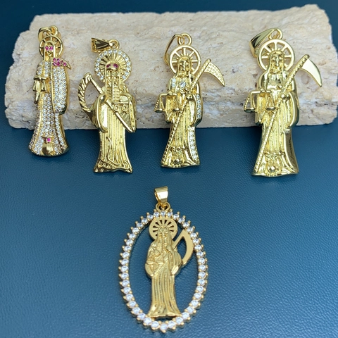 Pendente Santa Muerte Mietitore Ciondolo Per Collana Rame Placcato Oro 18K Con Zirconi Strass Gioielli Hip Hop DIY