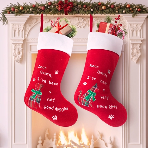 Christmas Stockings Red Felt White Plush Large Pet Theme Dog Cat Plaid Holiday Fireplace Home Decor Hanging Bag