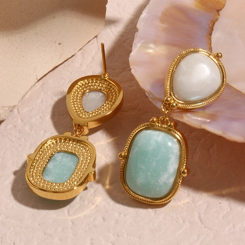 Vintage French Stainless Steel 18K Gold Plated Amazonite Geometric Splicing Dangle Drop Earrings For Women Jewelry Gift
