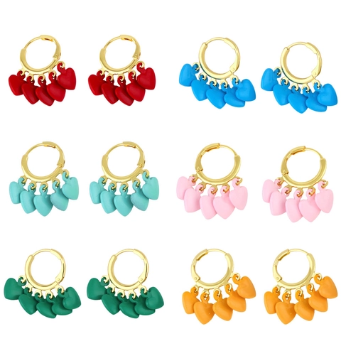 Boucles D'oreilles Créoles Pendentif Coeur Émail Cuivre Plaqué Or 18K Bijoux Tassel Pour Femmes Filles