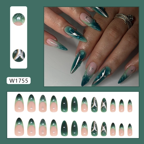 Faux Ongles Longue Amande ABS Dégradé Vert Rose Nude Lignes Métalliques Argentées 3D Décor Gouttes D'eau Ongles Artificiels Femmes