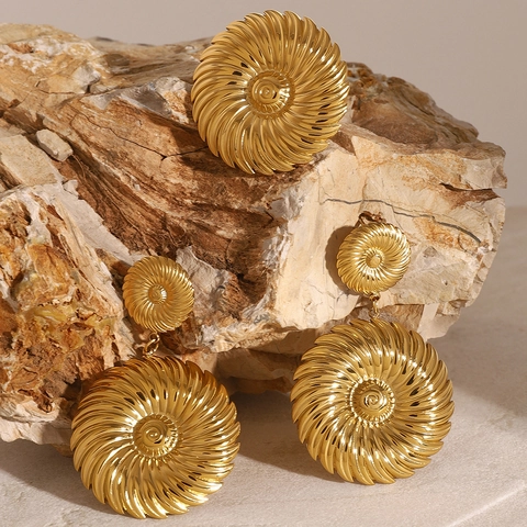 Edelstahl Ohrringe Vergoldet Texturiert Doppelschichtig Rund Spirale Blumendesign Wasserdicht Hypoallergen Damen Schmuck