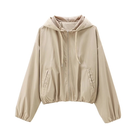 Women's Casual Hooded Jacket Windbreaker Zipper Solid Color Loose Fit Lightweight Spring Autumn Long Sleeve Outerwear Coat