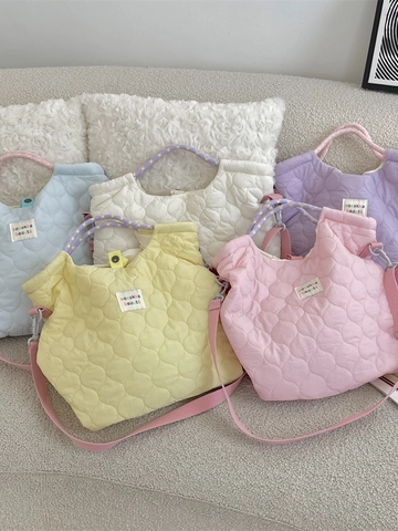 Quilted Heart Pattern Tote Bag Polyester Shoulder Crossbody Handbag Macaron Color Multi Carry Casual Sweet Style