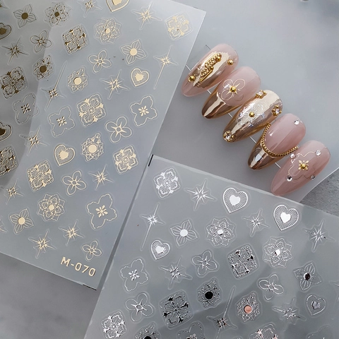 Adesivi Per Unghie Rilievo Goffrato Stelle Cuori Fiori Oro Argento Autoadesivi Decalcomanie Ultrasottili Per Manicure
