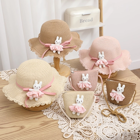 Cappello Di Paglia Per Bambini E Borsa A Tracolla Con Coniglietto Di Peluche Bordo Ondulato Estate Spiaggia Per Ragazze