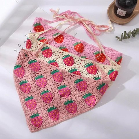 Crochet Bandana Triangle Headscarf Knitted Hair Scarf Boho Daisy Strawberry Pattern Tie Back Hair Accessories For Women