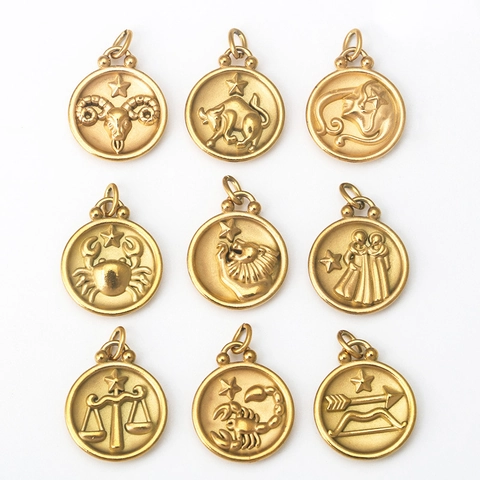 Pendentifs Zodiaque En Acier Inoxydable Plaqués Or Breloques Pièce Ronde Double Face Relief Constellation Pour Création Bijoux