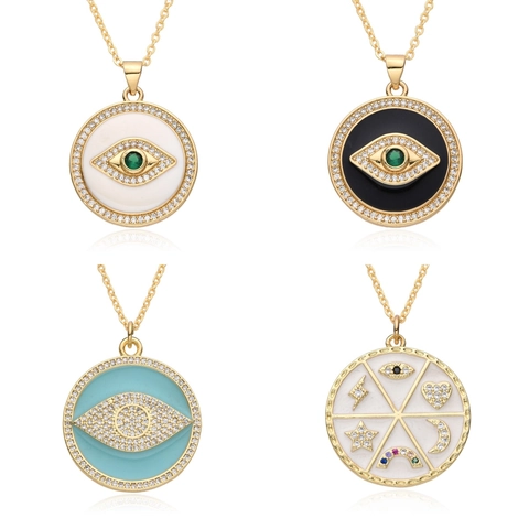 Bohemian Evil Eye Pendant Necklace For Women Copper Gold Plated Enamel Rhinestone Solar Round Charm Fashion Jewelry Gift