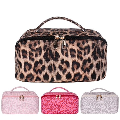 Leopard Print Kosmetiktasche PU Leder Große Kapazität Reise Kulturbeutel Mit Griff Tragbar Für Frauen