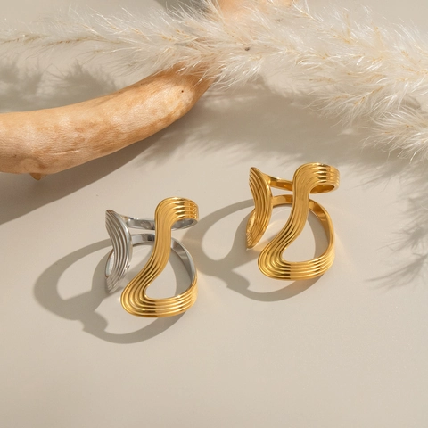 Irregular Wave Line Stainless Steel Open Ring For Women Gold Plated Two Tone Minimalist Adjustable Fashion Finger Jewelry
