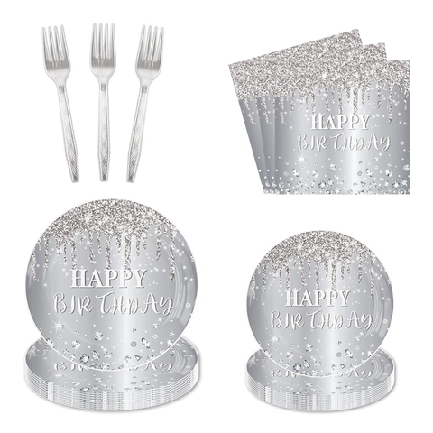 Alles Gute Zum Geburtstag Einweggeschirr Set Silber Glitzer Diamant Thema Pappteller Becher Servietten Tischdecke