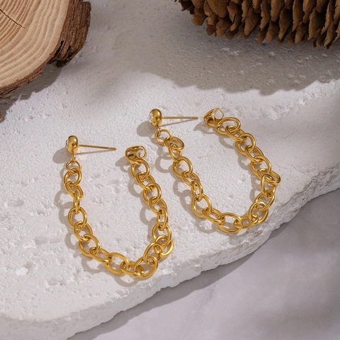 Geometric Tassel Chain Stud Earrings 304 Stainless Steel Gold Plated Rhinestone Waterproof Minimalist Jewelry For Women