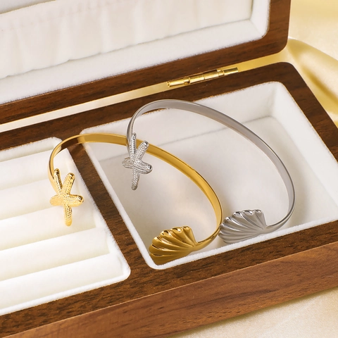 Seestern Muschel Offener Armreif Für Damen Edelstahl 18K Vergoldet Verstellbar Maritimes Thema Schmuck