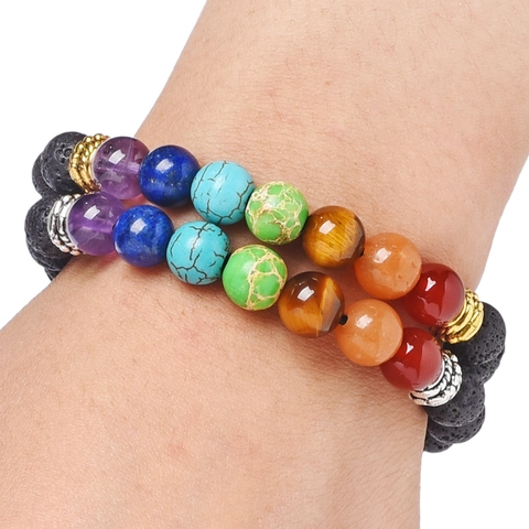 7 Chakra Lava Stone Bracelet Alloy Tree Of Life Charm Adjustable Woven Rope Yoga Healing Jewelry For Men Women
