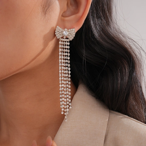 Orecchini Pendenti Lunghi Con Fiocco E Nappe Con Strass Rame Con Perno In Argento Gioielli Per Donna