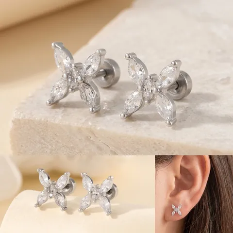 Butterfly Stud Earrings Titanium Steel Threaded Screw Flat Back Cubic Zirconia Cartilage Piercing Jewelry For Women