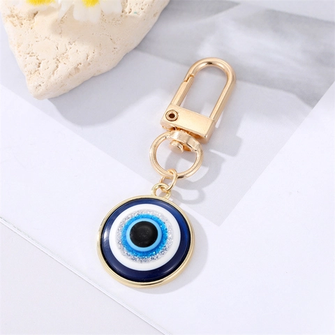 Round Blue Evil Eye Keychain Alloy Resin Nazar Amulet Bag Pendant Charm Ethnic Style Lucky Protection Accessory