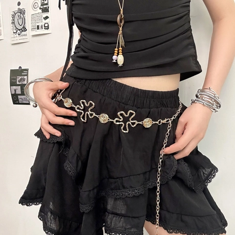 Women Metal Chain Belt Adjustable Alloy Round Ring Flower Heart Waist Belt For Dress Decoration Y2K Bohemian Style