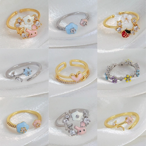 Copper Open Ring Adjustable Zircon Enamel Flower Heart Rabbit Ladybug Sweet Fashion Jewelry For Women