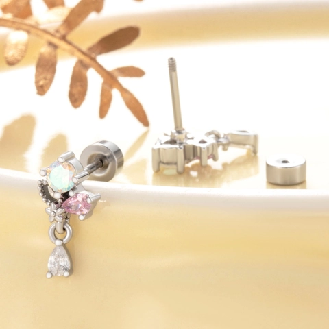 Water Drop Pendant Stud Earrings Titanium Steel Copper Zircon Crown Flower Design Double Headed Screw Back Jewelry For Women