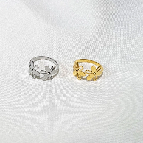 Anello Aperto a Fiore in Acciaio al Titanio Minimalista per Donna Margherita Girasole Regolabile Design Cavo Oro Argento Gioielli