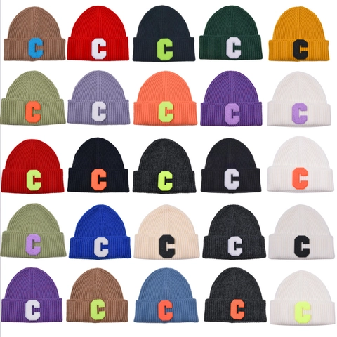 Knitted Beanie Hat Ribbed Woolen Warm Winter Letter C Patch Retro Casual Unisex Outdoor Accessories