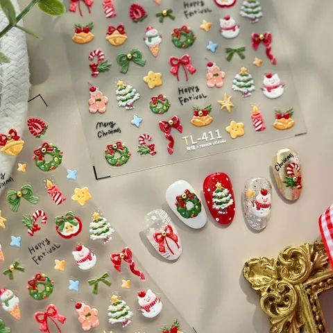 3D Embossed Christmas Nail Art Stickers Self Adhesive Festive Snowman Tree Gingerbread Man Bow Decoration Novelty