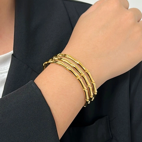 Geometrischer Edelstahl Offener Armreif Für Damen Dreischichtiges Bambus-Knoten-Design Gold Vergoldet Minimalistisches Verstellbares Manschetten-Armband