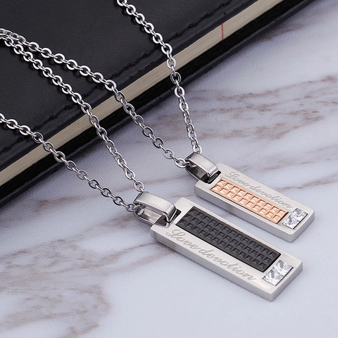 Geometric Square Pendant Necklace Stainless Steel Cubic Zirconia Engraved Love Devotion For Couples Men Women Niche Design