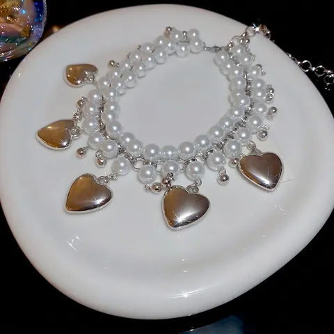 Collier Double Rang De Künstliche Perles En Verre Avec Pendentifs Coeur En Alliage Ras Du Cou Vintage Elégant Pour Femme