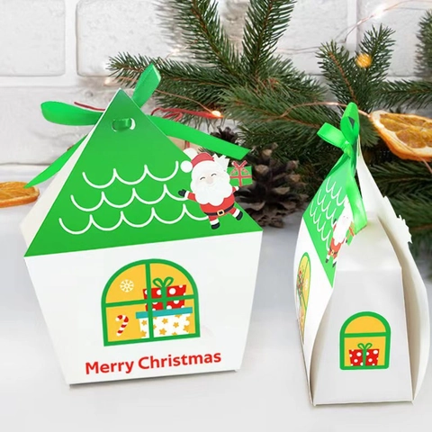 Scatole Regalo Di Natale A Forma Di Casa In Cartone Per Caramelle Confezione Di Mele Con Nastro Motivo Buon Natale Festa