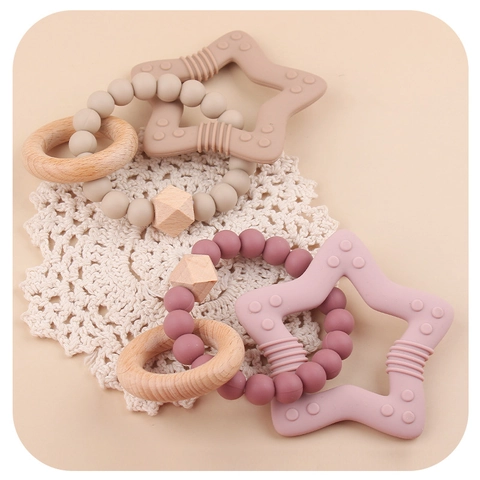 Baby Teether Rattle Bracelet Silicone Star Beech Wood Beads Soothing Sensory Toy For Infant Oral Care