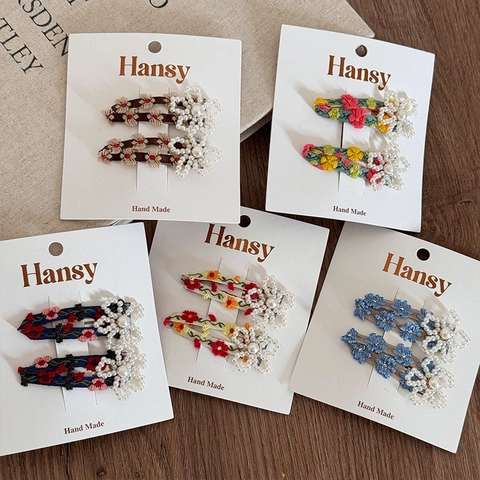 Handmade Floral Embroidery Hair Clips With Faux Artificial Pearls Fabric Wrapped BB Clips Vintage Sweet Elegant Accessories Women