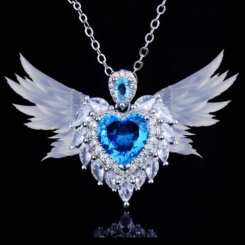 Heart Pendant Necklace Angel Wings Copper Zirconia Simulated Aquamarine Pink Gemstone Women Romantic