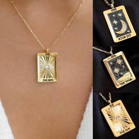 Tarot Card Pendant Necklace 18K Gold Plated Copper Enamel Zircon Sun Moon Star Vintage Bohemian Mystical Jewelry Women