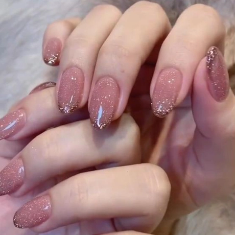 Pink Gradient French Press On Nails With Glitter Almond Shape False Nails For Women And Glue Medium Length