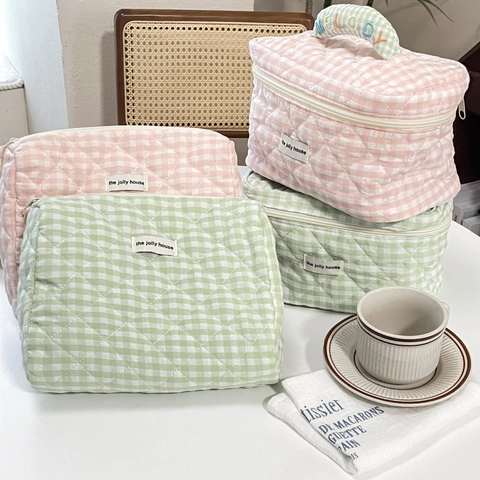 Quilted Cotton Cosmetic Bag Plaid Checkered Large Capacity Zipper Travel Toiletry Organizer Pouch Cute Portable For Women
