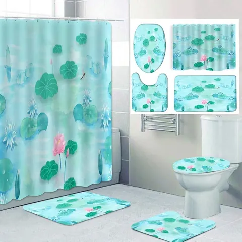 Wasserdichter Polyester Duschvorhang Badematte Toilettendeckelbezug U-Förmiger Teppich Chinesischer Stil Tusche Berg Lotus Zen