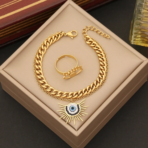 Evil Eye Jewelry Stainless Steel Triple Layered Necklace Bracelet Earrings Ring Gold Plated Rhinestone Trendy Women