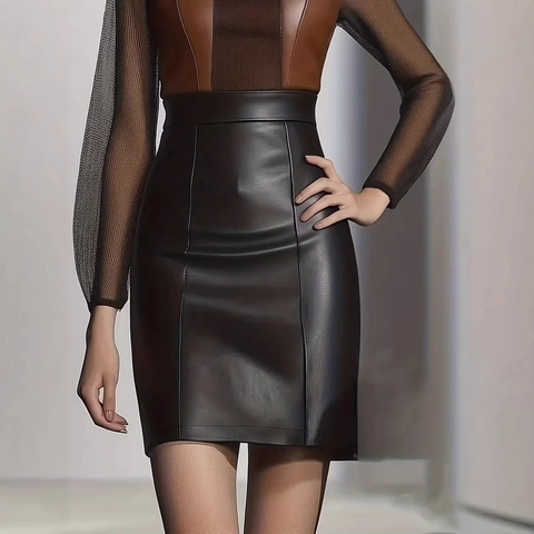 Women PU Leather High Waisted Pencil Skirt Solid Color Mini Bodycon Office Commuter Skirts