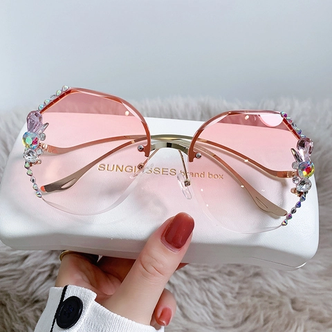 Lunettes De Soleil Sans Monture Surdimensionnées Pour Femmes Strass Cristal Monture Métal UV400 Chic Mode