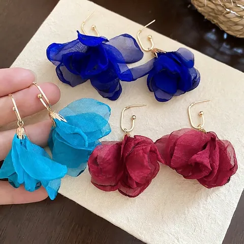 Grandi Orecchini Pendenti In Tessuto Chiffon A Fiore Con Perno In Argento Gioielli Floreali Eleganti Da Donna