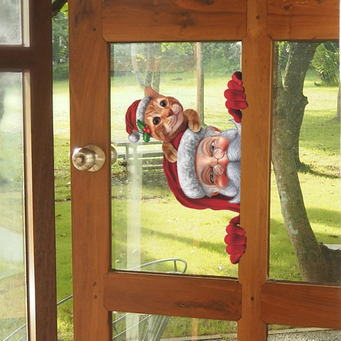 Pegatina Ventana Navidad Papá Noel Gato Naranja Peeking Decoración Cristal PVC Hogar Vacaciones Dibujos Animados
