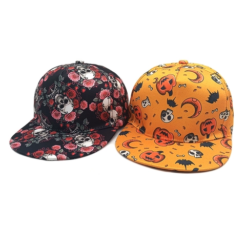 Flat Brim Baseball Cap Halloween Schedel Roos Pompoen Print Polyester Hip Hop Snapback Streetwear Hoed Voor Dames Heren