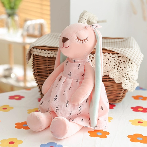 Cute Long Eared Rabbit Plush Toy Soft Polyester Bunny Stuffed Doll With Floral Dress Comforting Toy For Kids Girls Gift