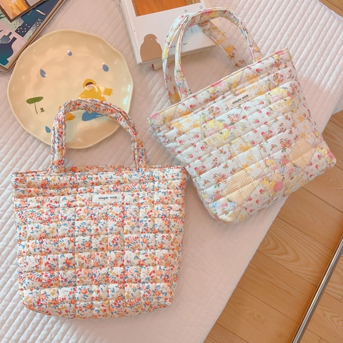 Floral Quilted Handbag Cotton Canvas Small Tote Bag Lunch Pouch Korean INS Style Women Casual Portable