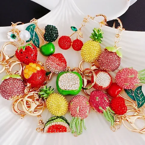 Portachiavi Frutta Lega Strass Scintillante Pendente Borsa Simpatico Fragola Ananas Dragon Fruit Mangostano Smalto Lychee Fascino Regalo