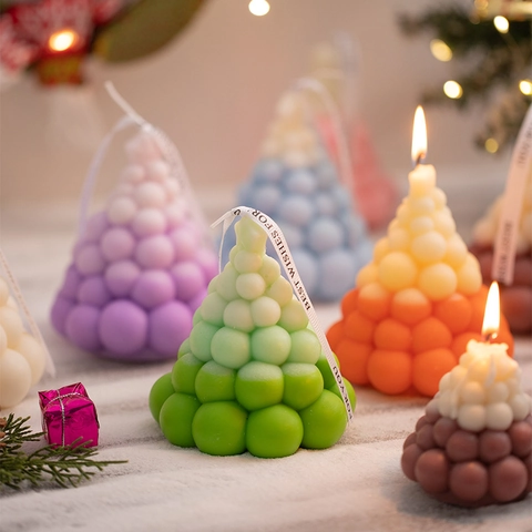 Christmas Tree Shaped Scented Candle Soy Wax Bubble Design Holiday Decor Home Ornament Gradient Colors Handmade Gift